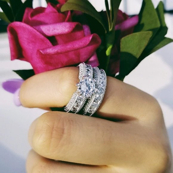 NEW Sterling Silver Diamond Engagement Ring Set a2 - Picture 2 of 4